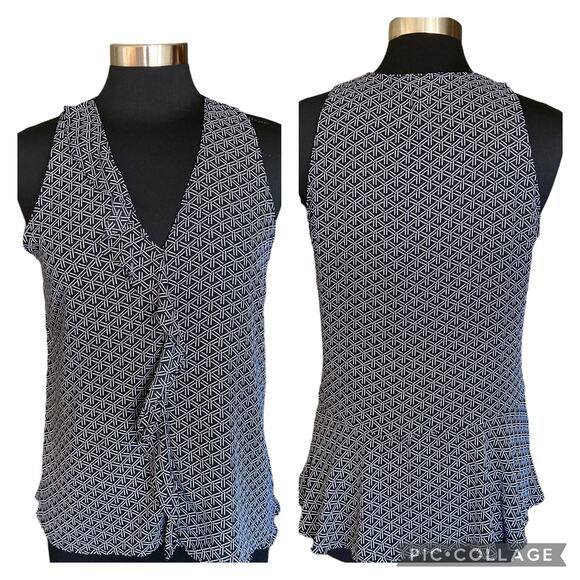Banana Republic Sleeveless Black & White Geometric Print Top MED Ruffle Peplum - Picture 1 of 7
